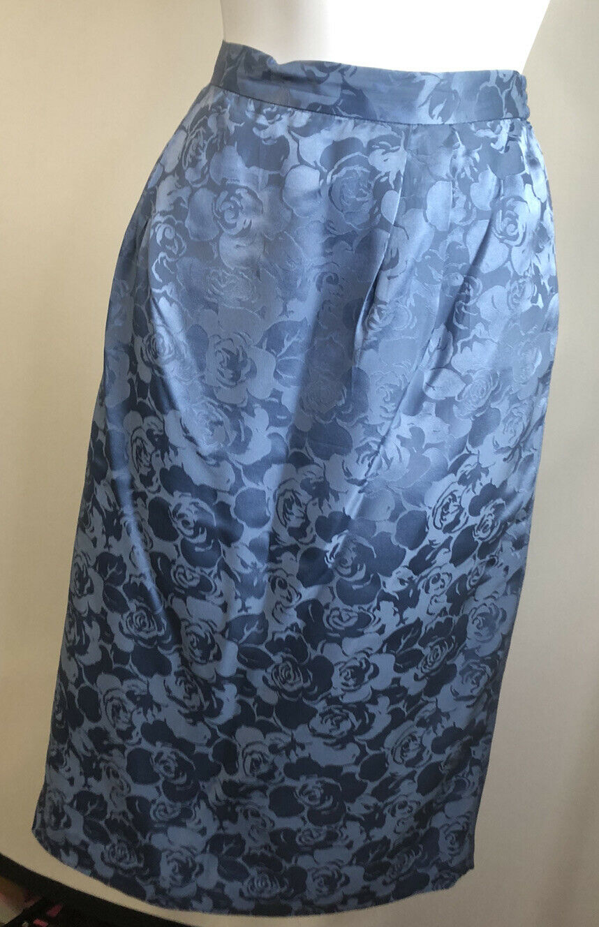 Vintage Roses Floral Pencil Skirt Blue Size 14 Silk - Fresh Stock Dated March 2026