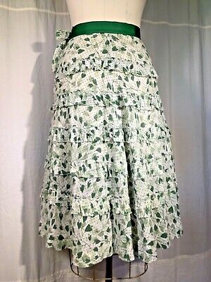 Vintage ruffled Skirt green Midi 100% cotton 30’s Leaf heart S ribbon waist Zip - Fresh Stock Dated March 2026