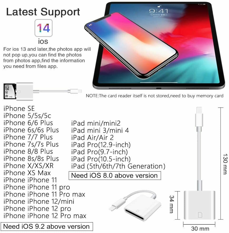 Lightning Apple Ipad Iphone Tail Adapter Upgraded USB 2.0 SD Card Camera Reader - Fresh Stock Dated February 2026