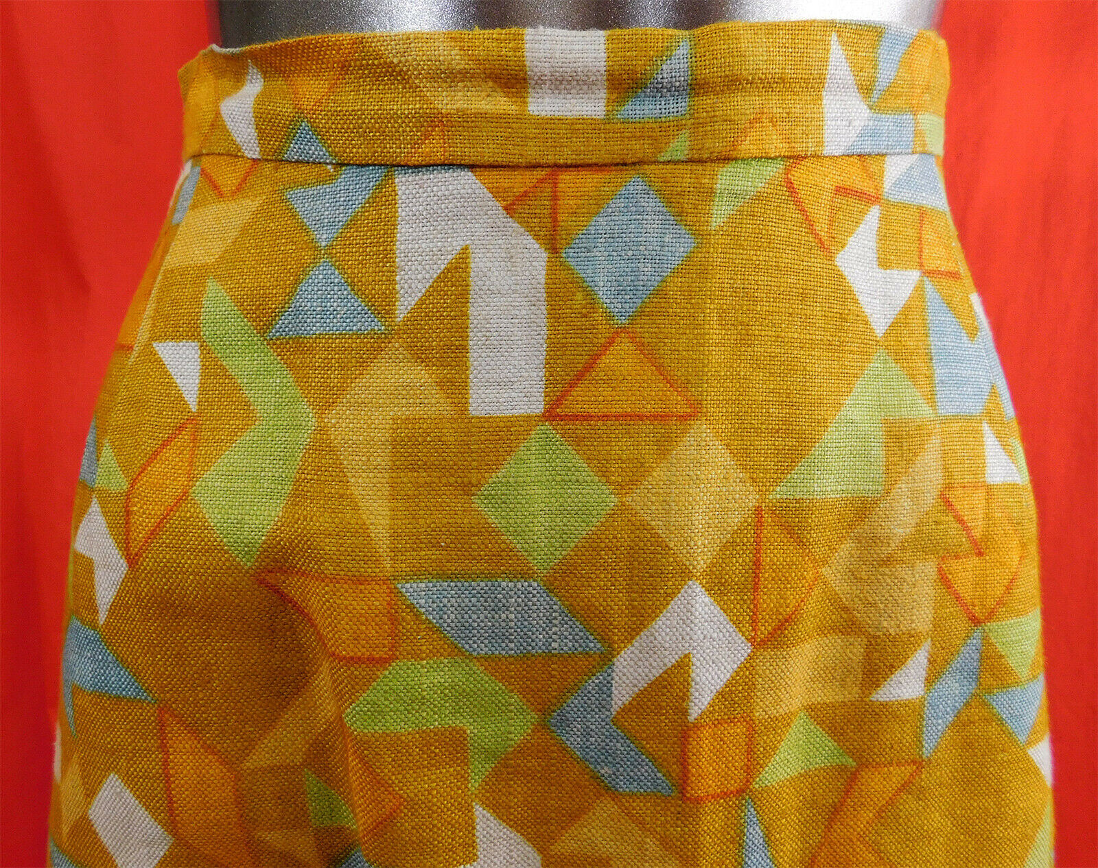 Vintage Bright Gold Yellow Woven Linen Abstract Geometric Pattern Pencil Skirt - Fresh Stock Dated February 2026