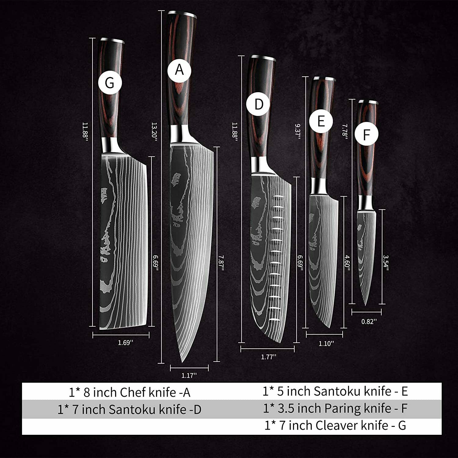5 Piece Kitchen Knives Set Japanese Damascus Pattern Stainless Steel Chef Knife - Fresh Stock Dated December 2025