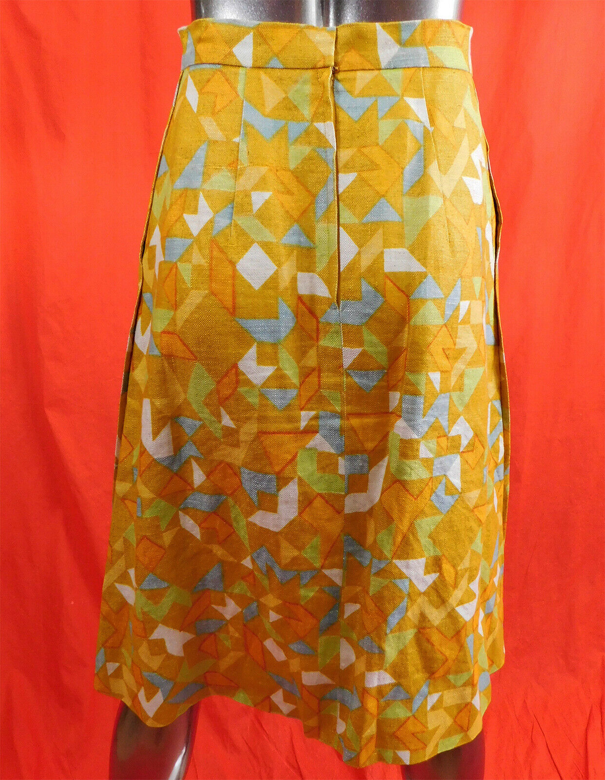 Vintage Bright Gold Yellow Woven Linen Abstract Geometric Pattern Pencil Skirt - Fresh Stock Dated February 2026