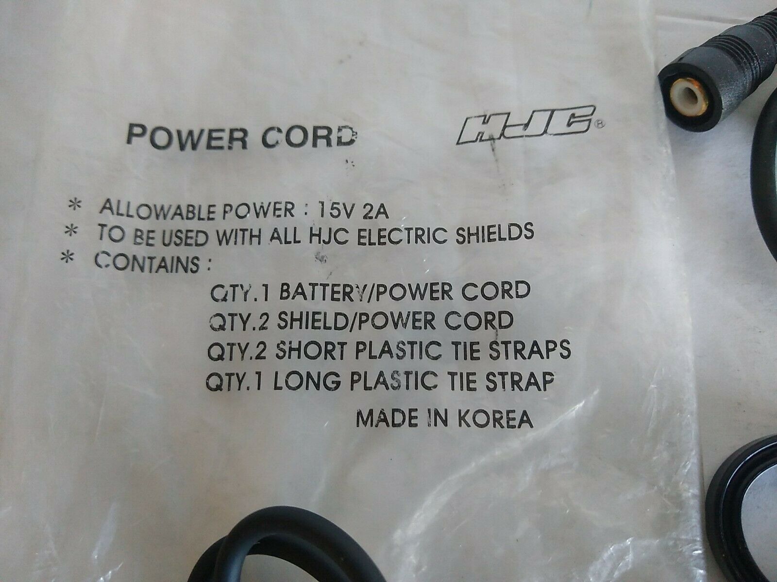 HJC Power Cord For All HJC Electric Shields 15V 2A New/Old Stock - Fresh Stock Dated December 2025
