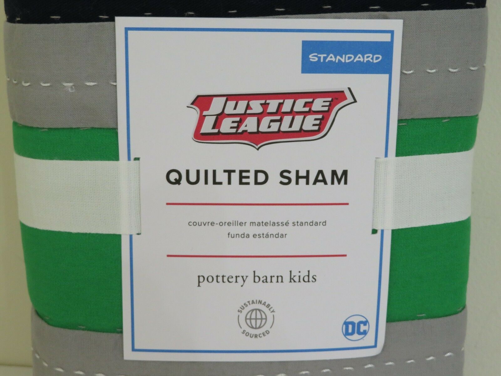 Pottery Barn Kids Justice League Quilted Pillow Sham Navy Green Standard NEW - Fresh Stock Dated December 2025