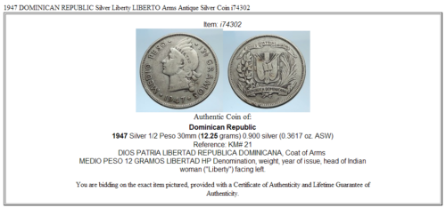 1947 DOMINICAN REPUBLIC Silver Liberty LIBERTO Arms Antique Silver Coin i74302 - Fresh Stock Dated February 2026