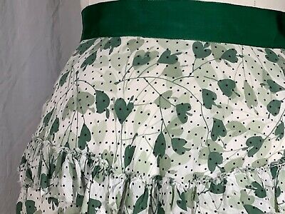 Vintage ruffled Skirt green Midi 100% cotton 30’s Leaf heart S ribbon waist Zip - Fresh Stock Dated March 2026