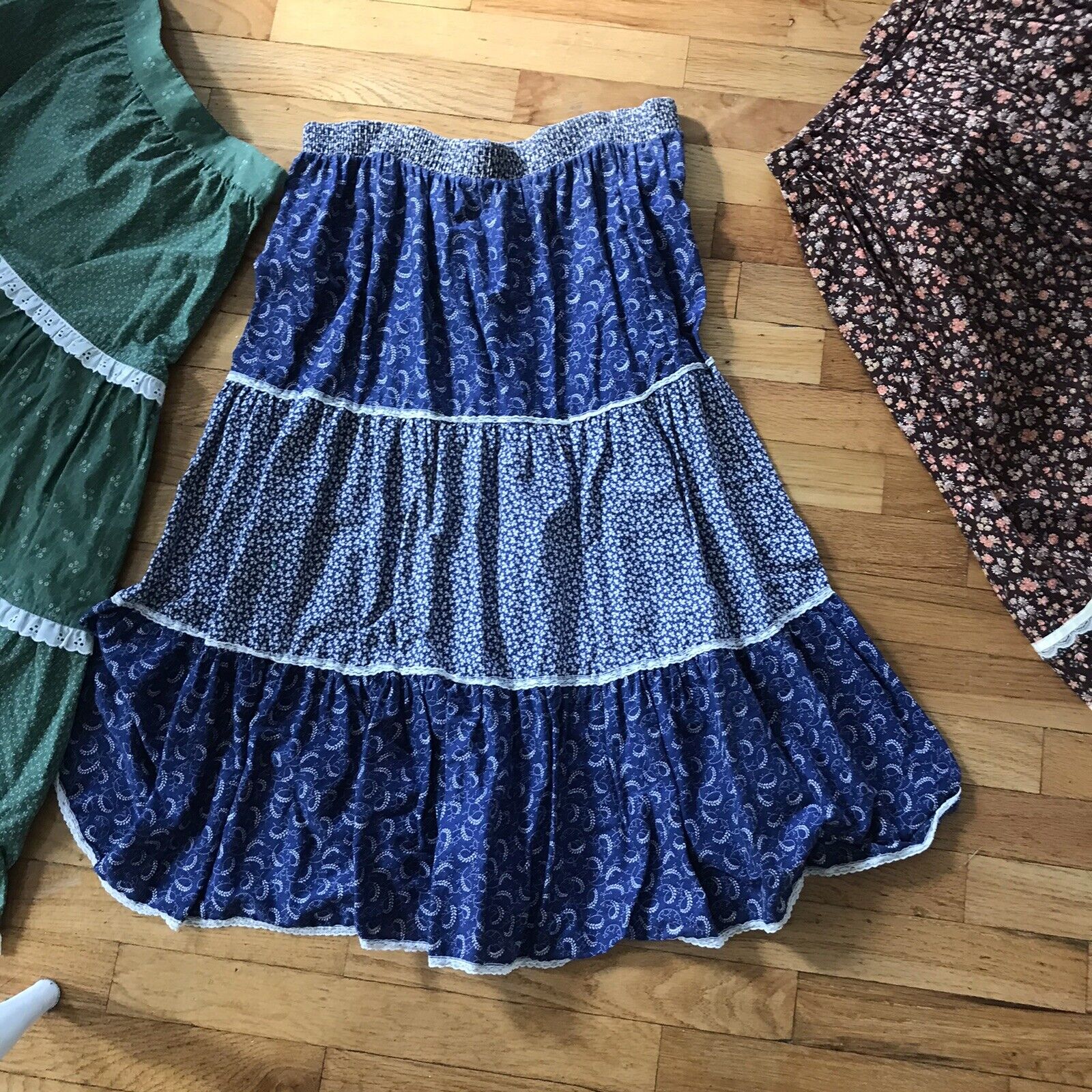 Vtg Calico Prairie Cottagecore 70s Floral Lace Maxi Skirt L Hippy Homespun 3 Lot - Fresh Stock Dated March 2026
