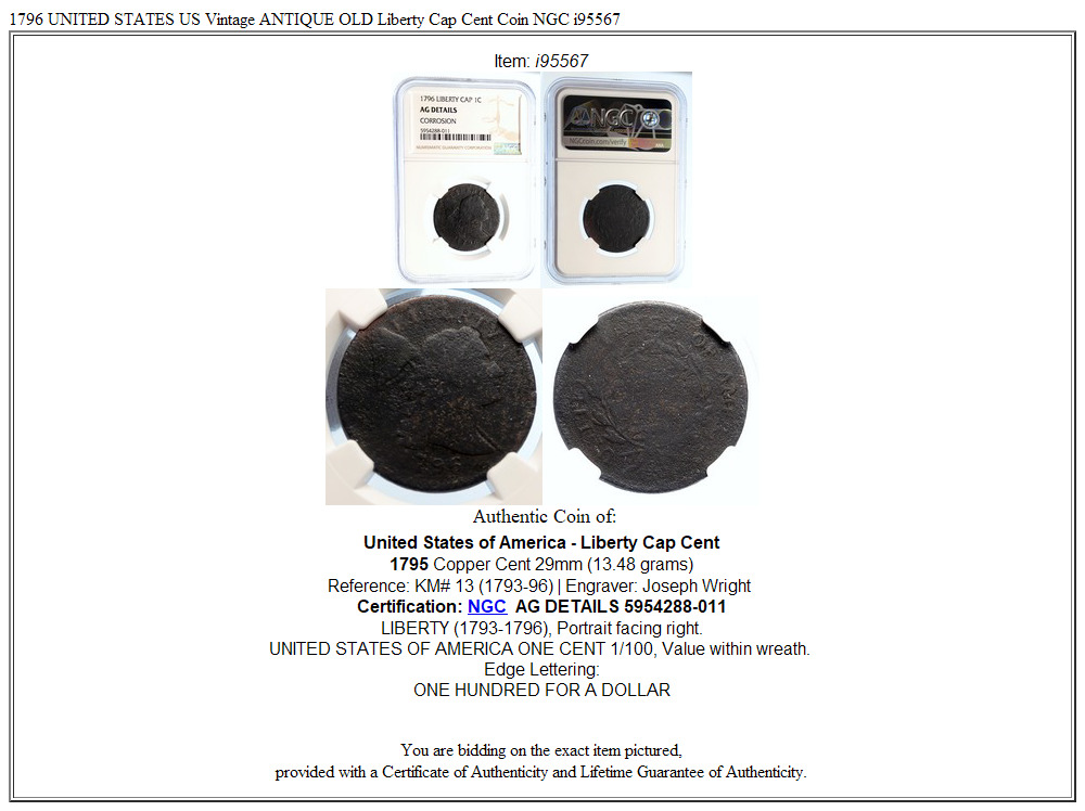 1796 UNITED STATES US Vintage ANTIQUE OLD Liberty Cap Cent Coin NGC i95567 - Fresh Stock Dated February 2026