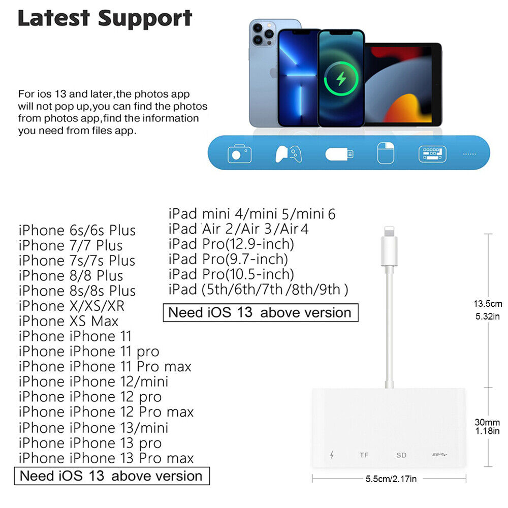 4 in 1 USB Camera Connection Micro SD Card Reader Adapter for iPhone iPad IOS - Fresh Stock Dated December 2025