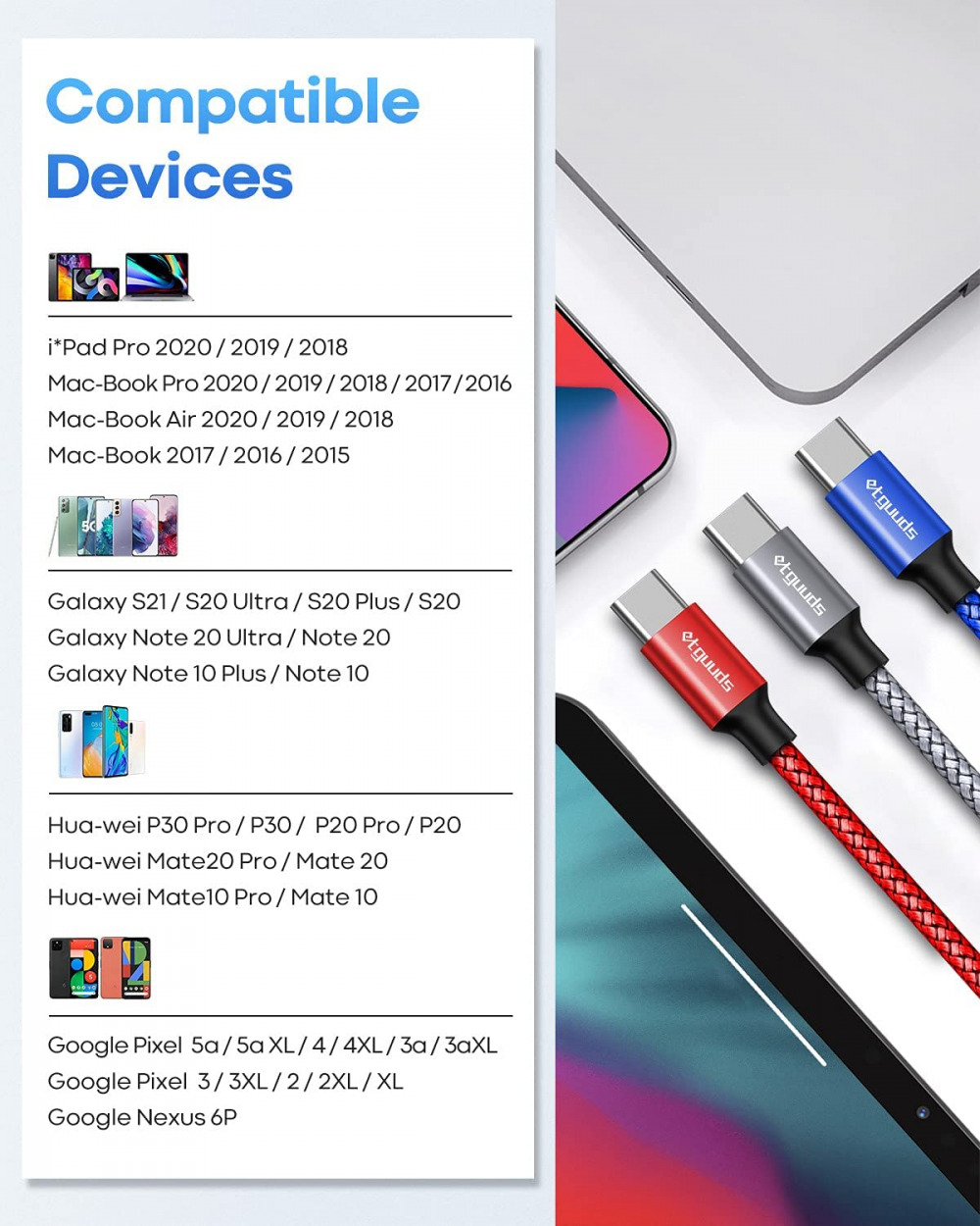 USB C to C Cable [3ft, 3-Pack], etguuds PD 60W 3FT+3FT+3FT, Red/Gray/Blue - Fresh Stock Dated February 2026