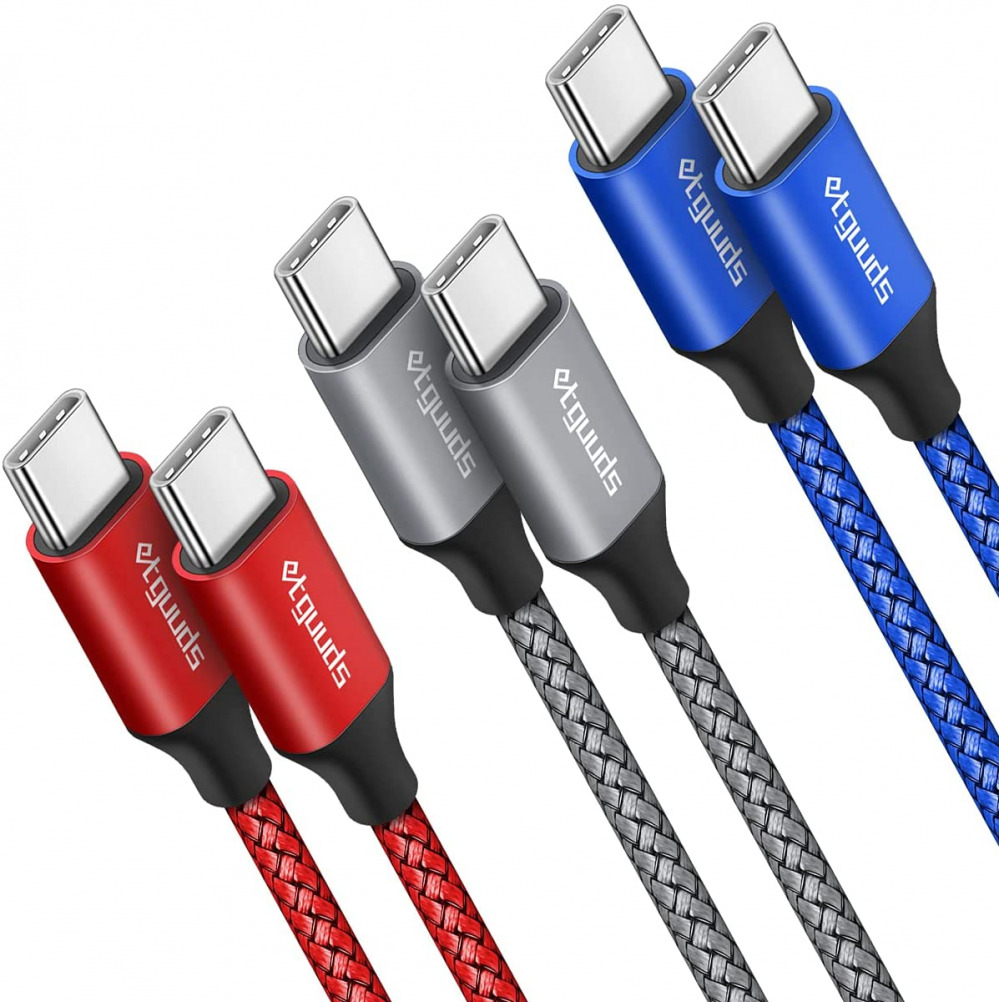 USB C to C Cable [3ft, 3-Pack], etguuds PD 60W 3FT+3FT+3FT, Red/Gray/Blue - Fresh Stock Dated February 2026