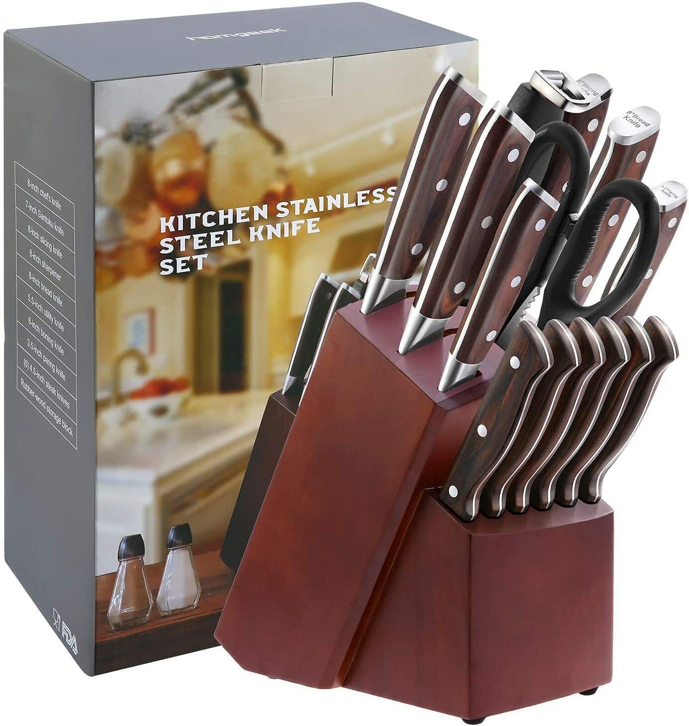 15-Piece Kitchen Cutlery Knife Set with Block Built-in Sharpener Stainless Steel - Fresh Stock Dated February 2026