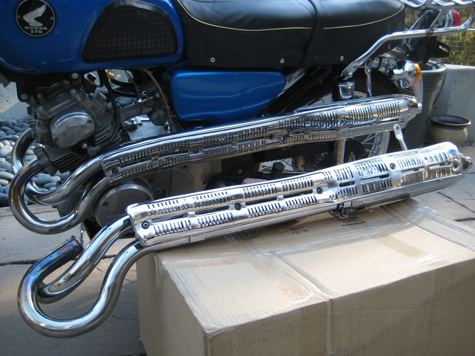 1968 Honda CL175 Scrambler: Side Exhaust + Heat Shield + Muffler + Bracket - Fresh Stock Dated February 2026