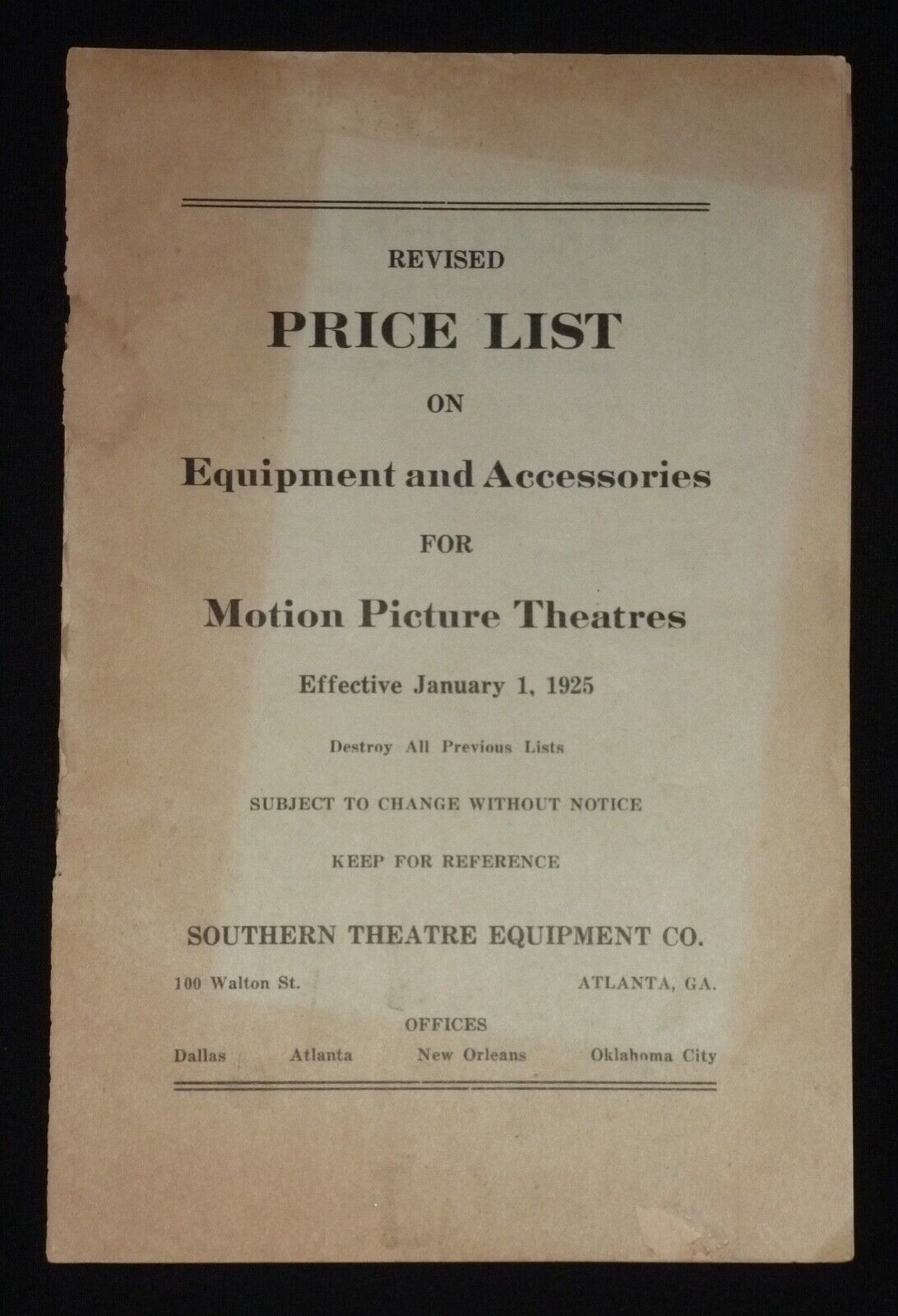 1925 Motion Picture Theatres Equipment & Accessories Price List - Atlanta, Ga. - Fresh Stock Dated December 2025