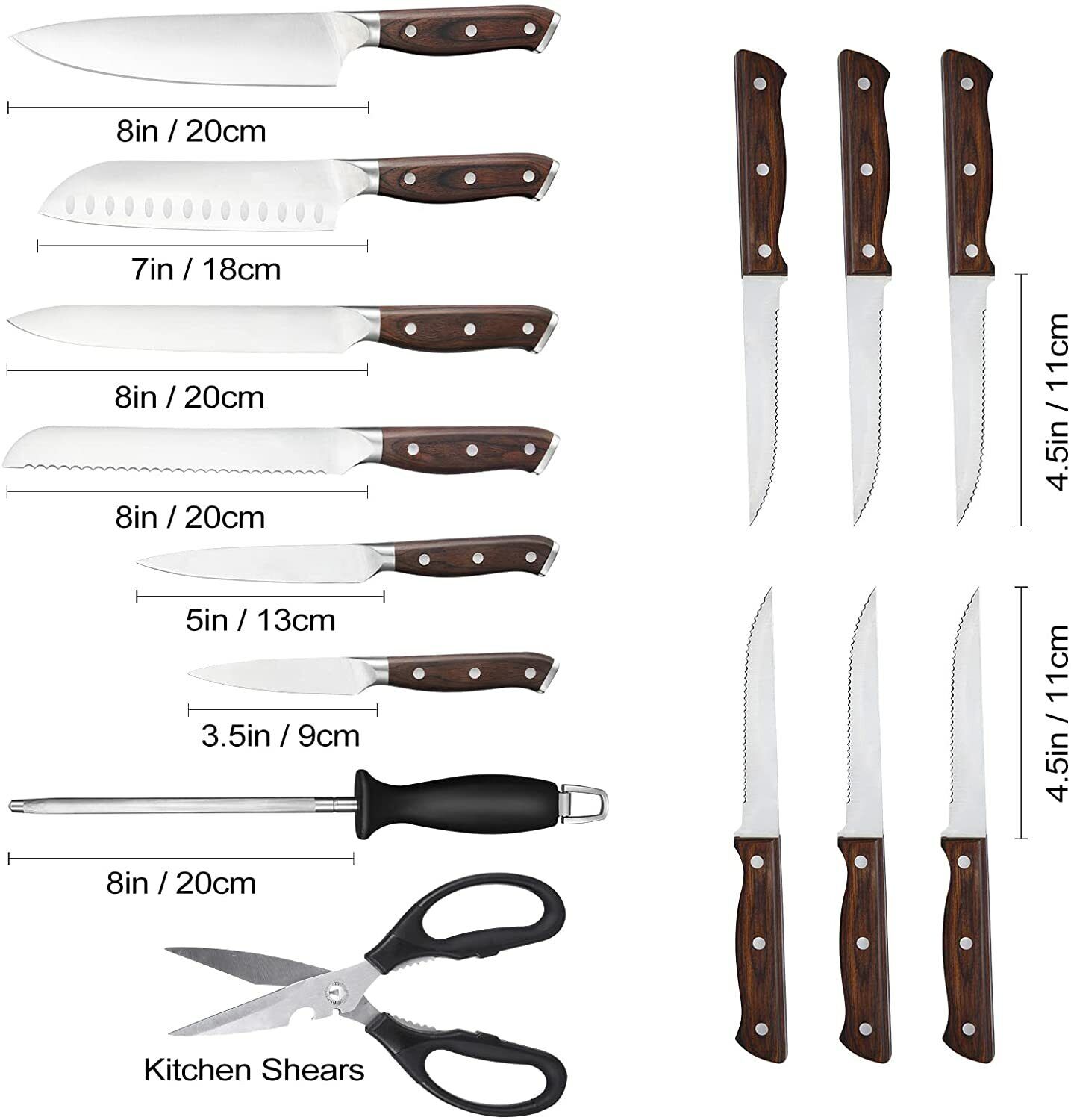 15-Piece Kitchen Cutlery Knife Set with Block Built-in Sharpener Stainless Steel - Fresh Stock Dated February 2026