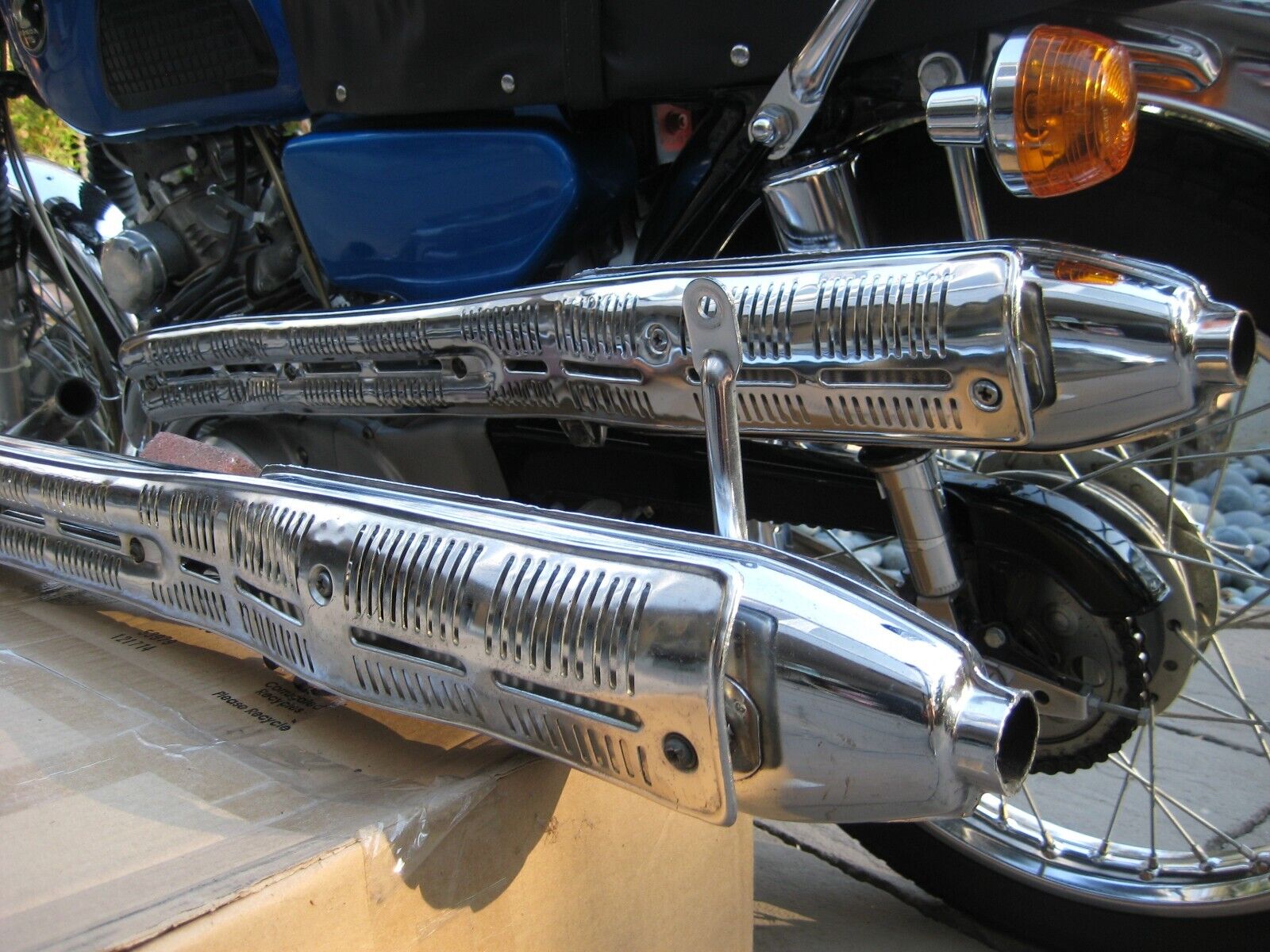 1968 Honda CL175 Scrambler: Side Exhaust + Heat Shield + Muffler + Bracket - Fresh Stock Dated February 2026