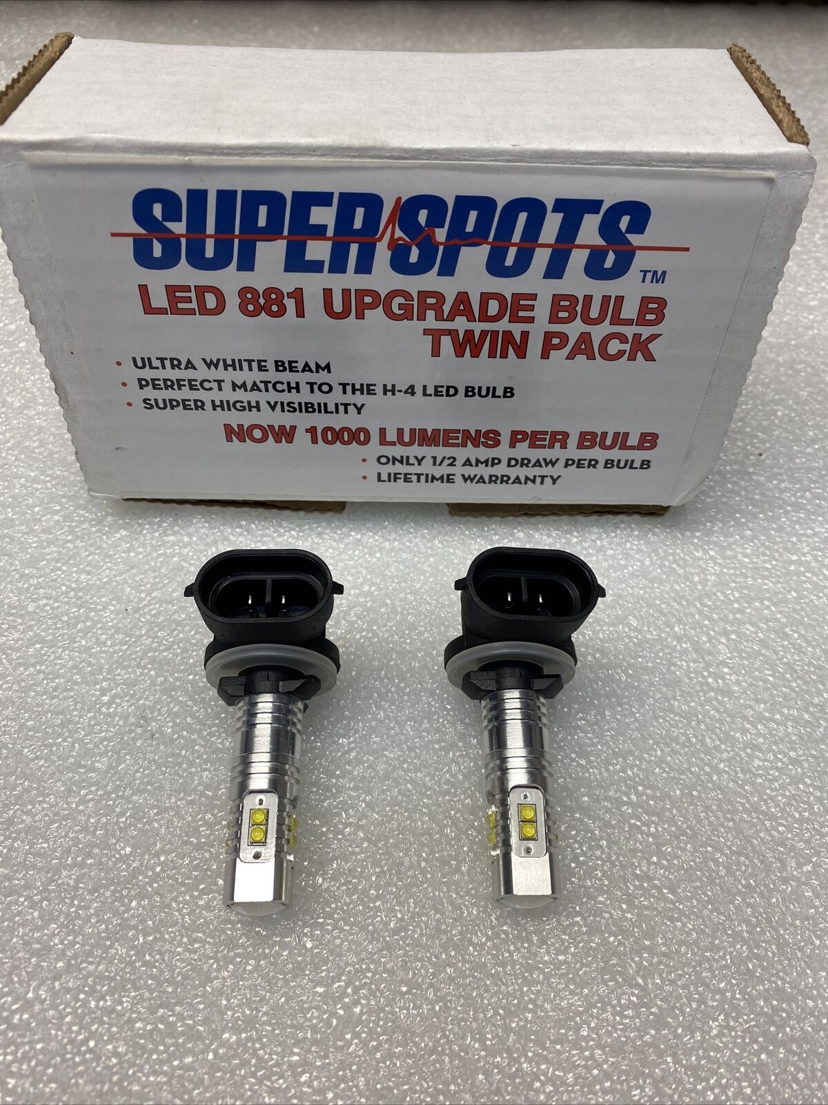 1000 LUMENS SUPERSPOTS LED 881 PAIR SET BULBS HARLEY HEADLIGHT H-4 UPGRADE  SM11 - Fresh Stock Dated February 2026