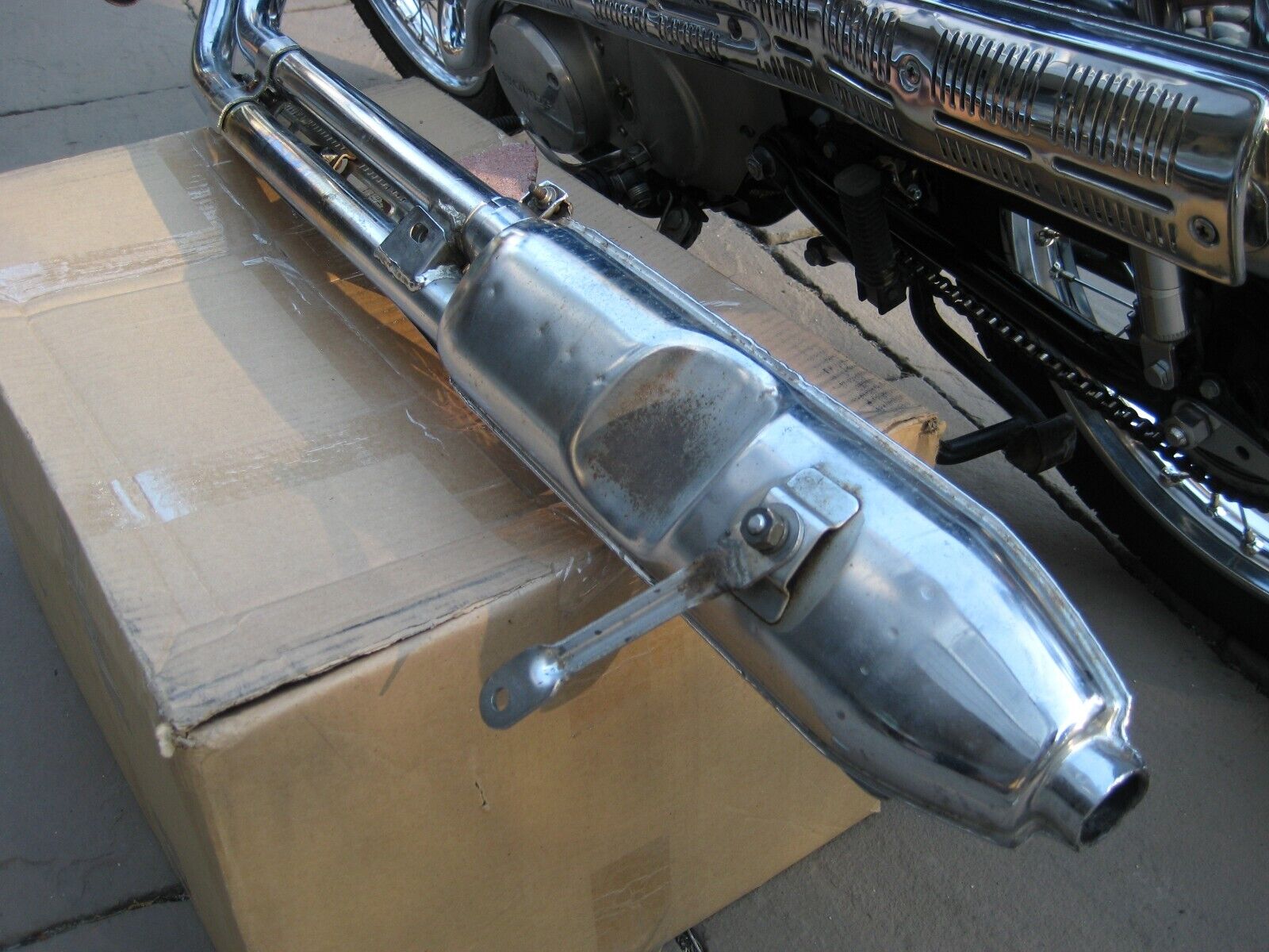 1968 Honda CL175 Scrambler: Side Exhaust + Heat Shield + Muffler + Bracket - Fresh Stock Dated February 2026