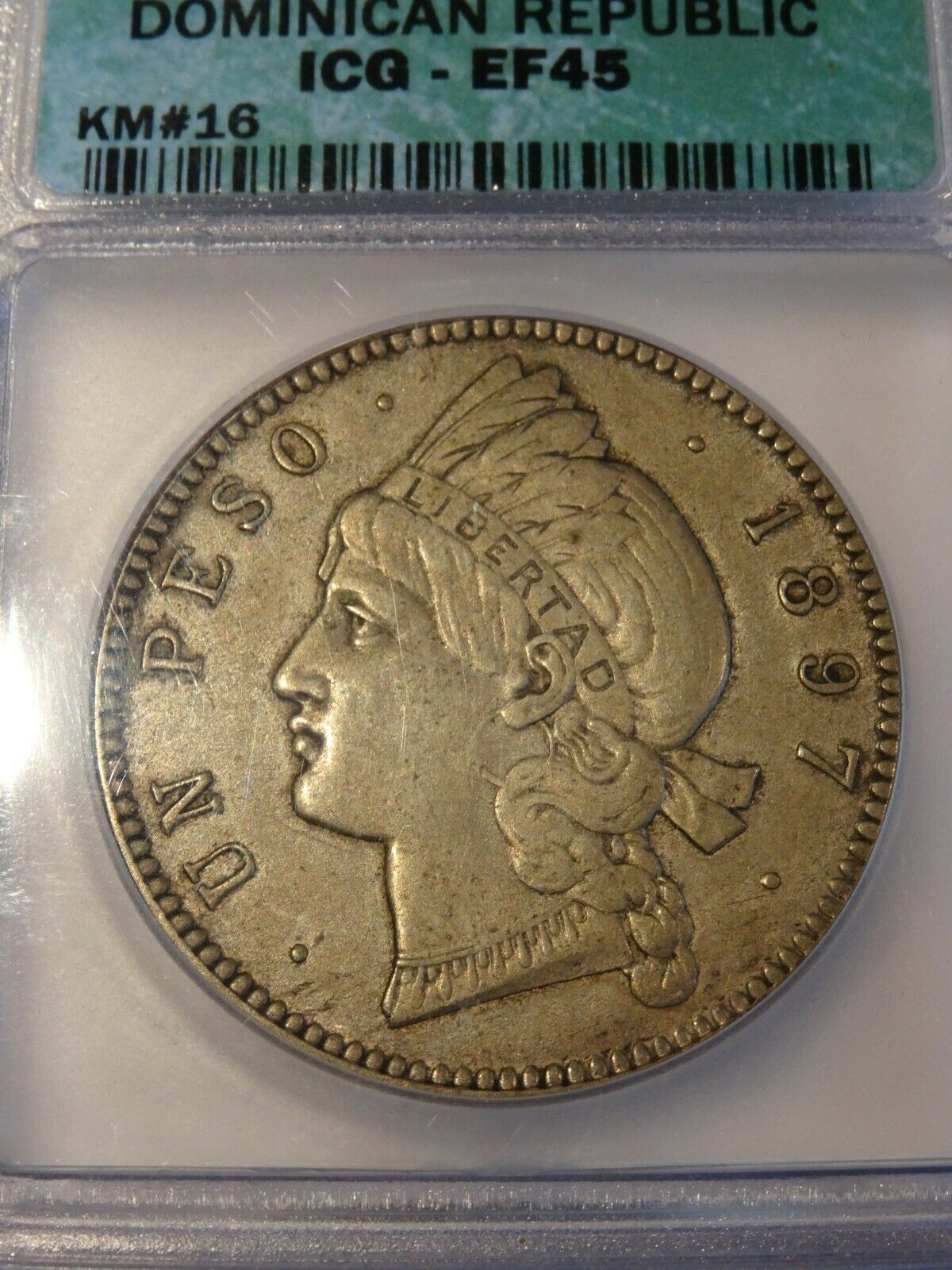 1 Peso Silver Dominican Republic 1897-A ICG XF-45 KM# 16 - Fresh Stock Dated December 2025