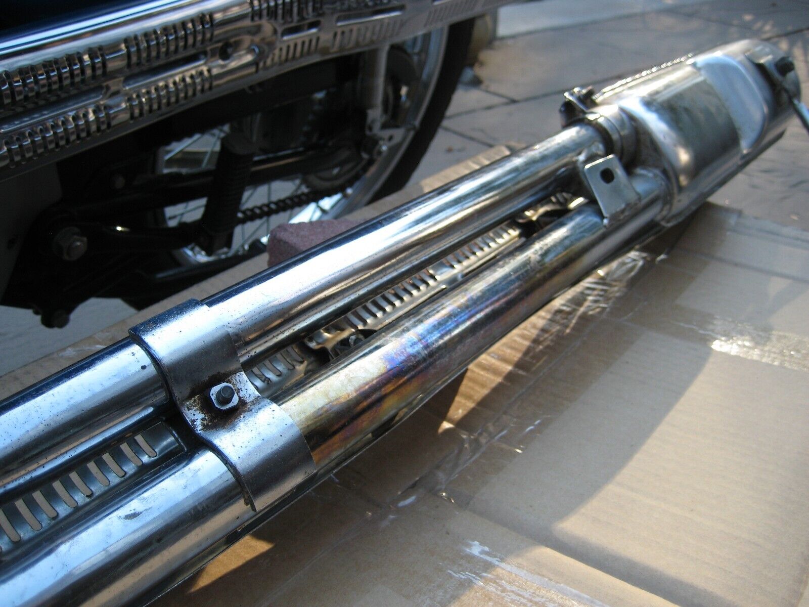 1968 Honda CL175 Scrambler: Side Exhaust + Heat Shield + Muffler + Bracket - Fresh Stock Dated February 2026