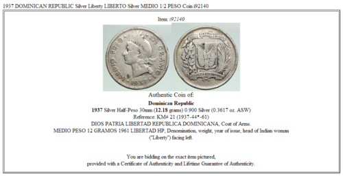 1937 DOMINICAN REPUBLIC Silver Liberty LIBERTO Silver MEDIO 1/2 PESO Coin i92140 - Fresh Stock Dated February 2026