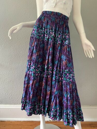 Vintage 70s Purple Hippie Festival BOHO Floral Paisley Tiered Maxi Skirt S/M - Fresh Stock Dated February 2026