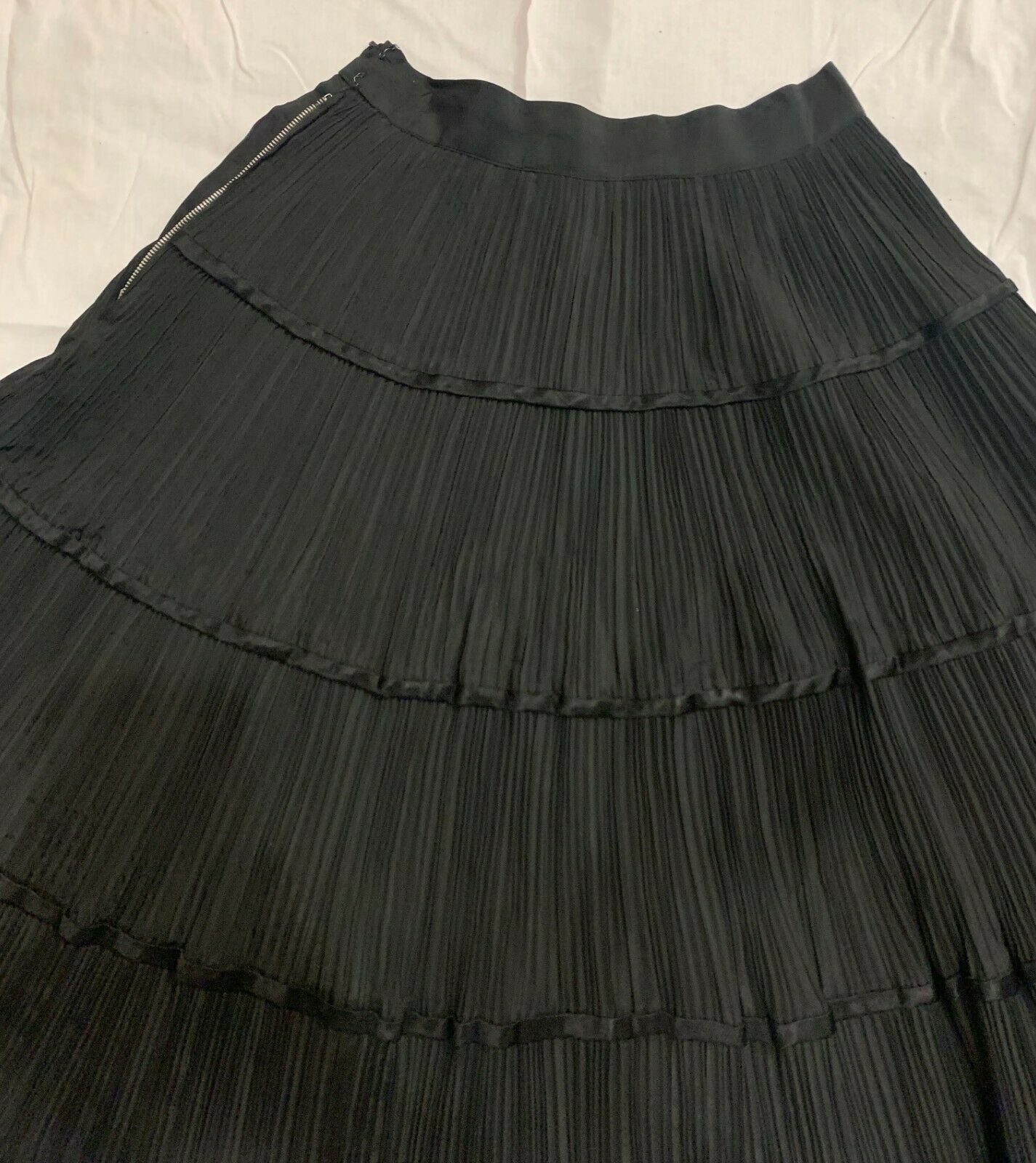 Vintage MORLOVE 1950s Black Accordian Pleat Tiered Circle Skirt w/ Satin Ribbons - Fresh Stock Dated December 2025