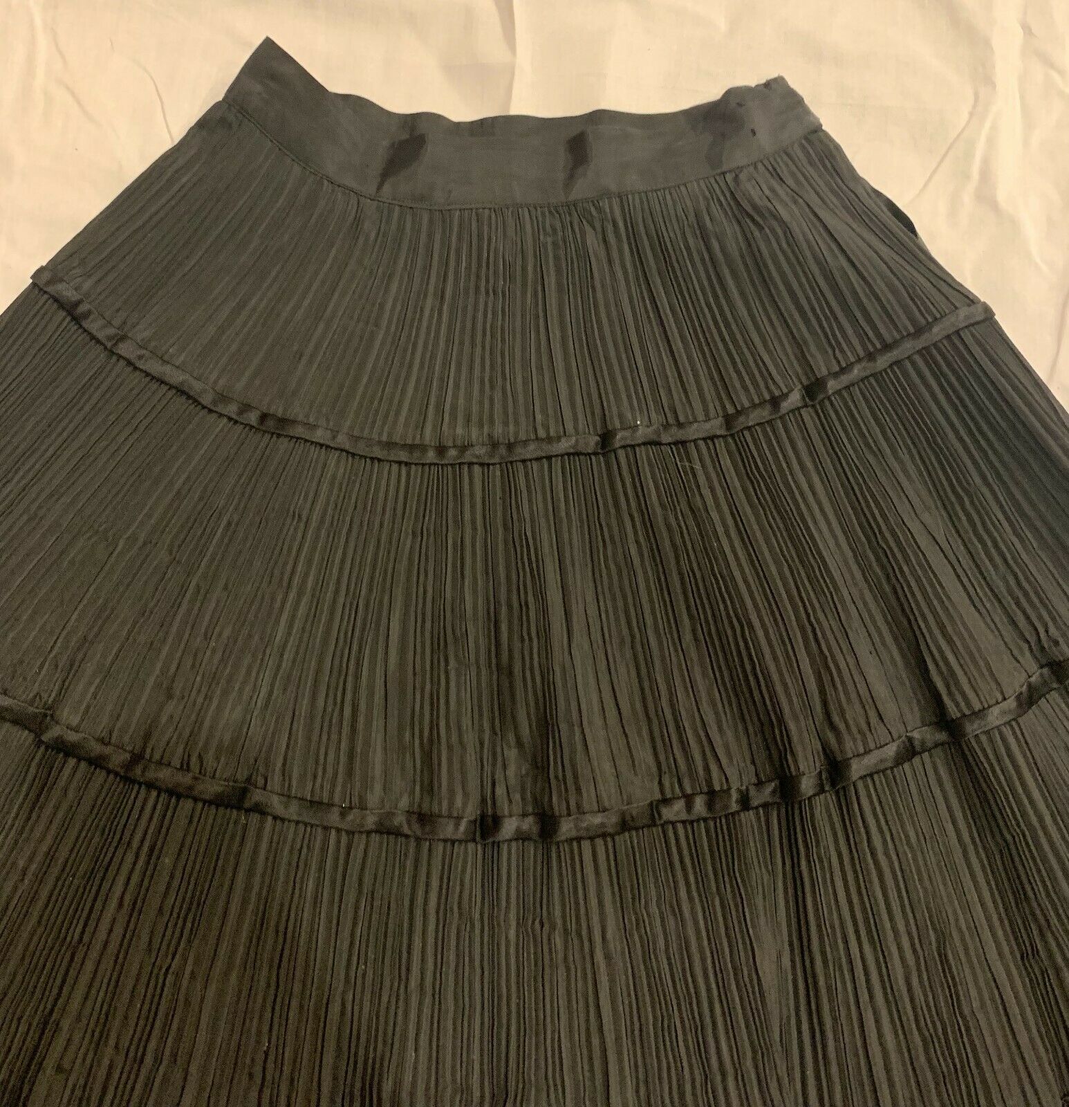 Vintage MORLOVE 1950s Black Accordian Pleat Tiered Circle Skirt w/ Satin Ribbons - Fresh Stock Dated December 2025