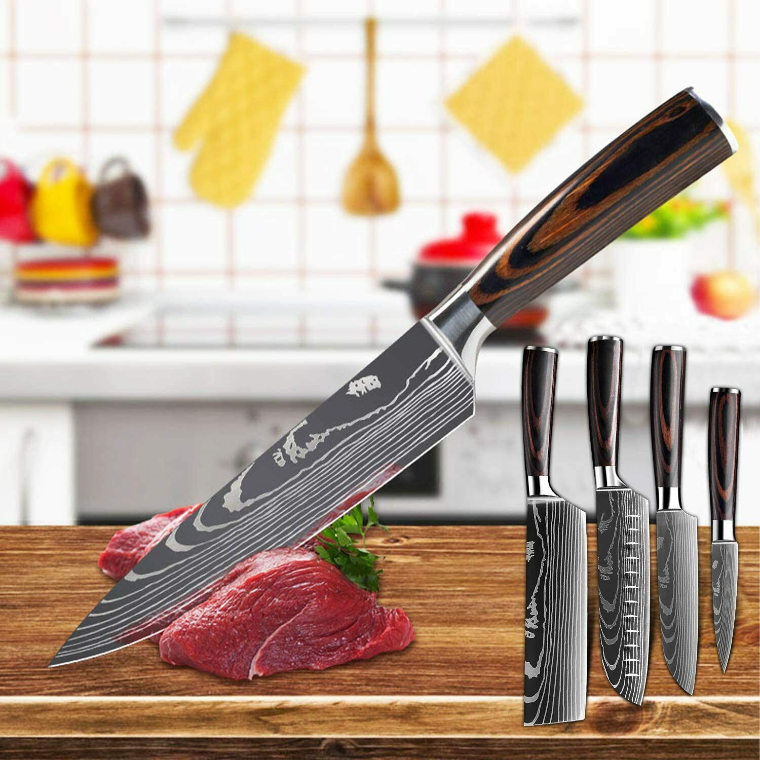 5 Piece Kitchen Knives Set Japanese Damascus Pattern Stainless Steel Chef Knife - Fresh Stock Dated December 2025