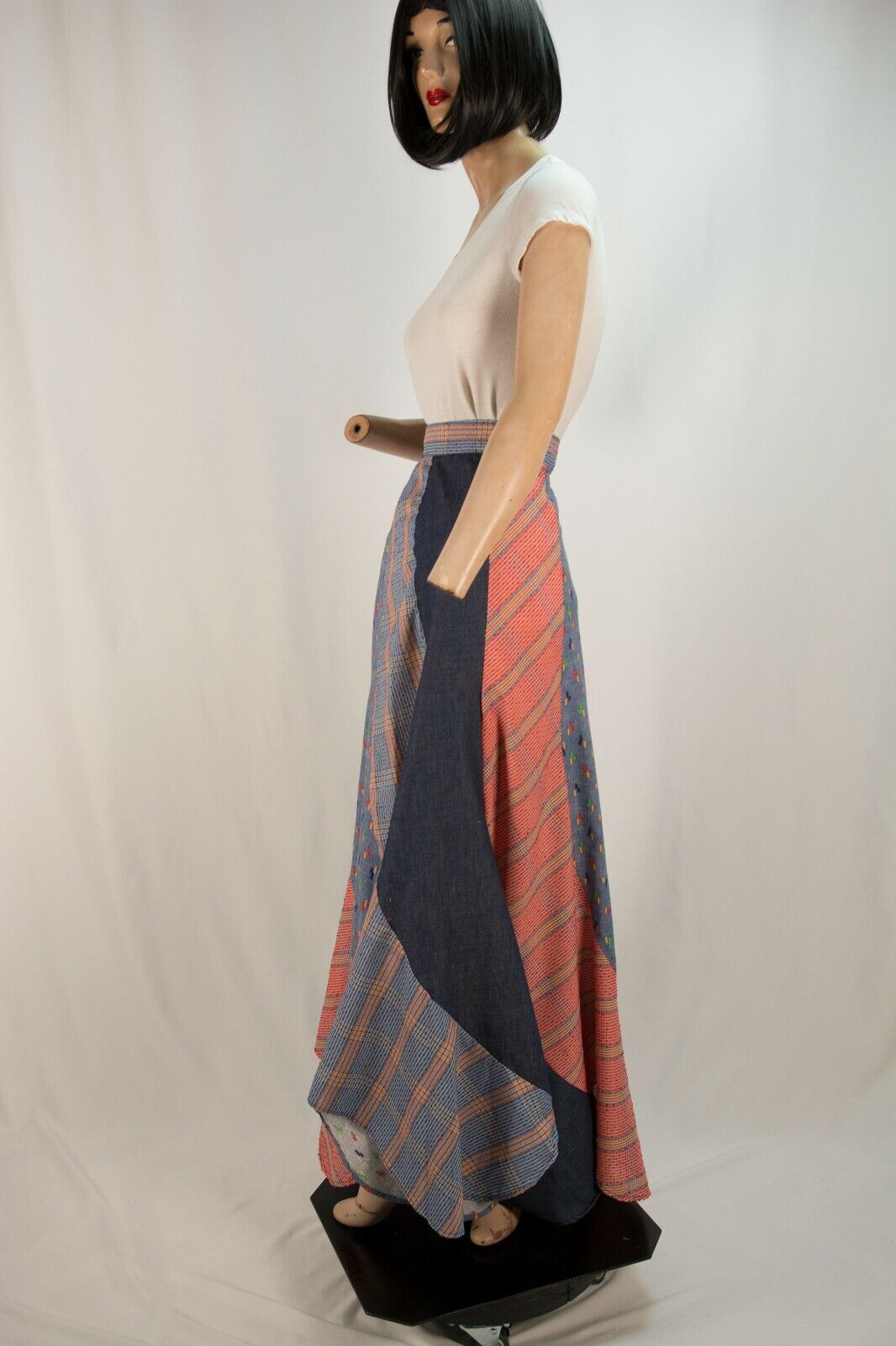 Vintage 70s Patchwork Swirler Maxi Skirt Tulip Hem Swirl Jean Cottagecore S - Fresh Stock Dated March 2026