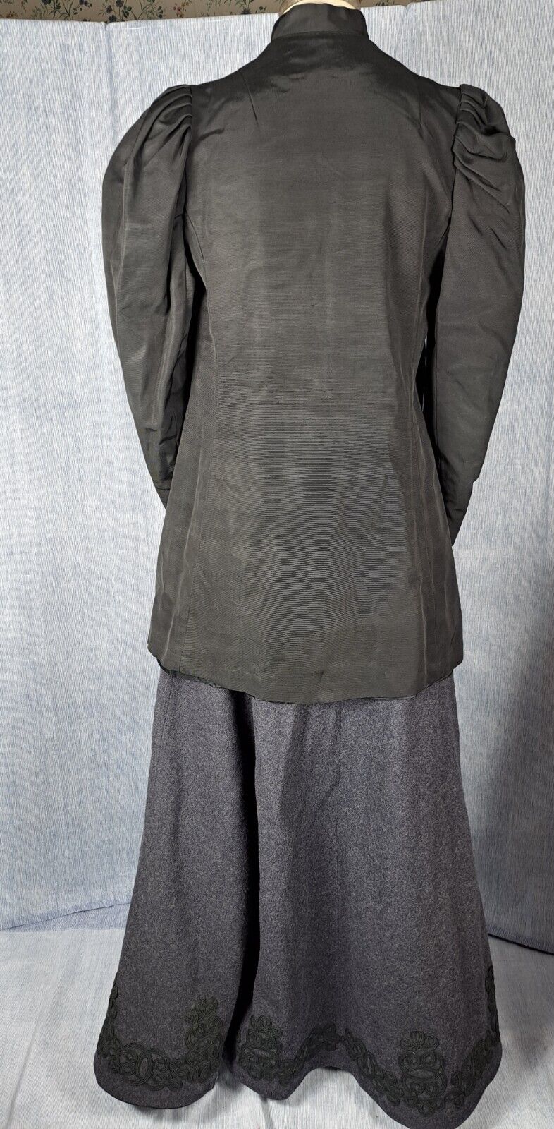 CHARCOAL GRAY VICTORIAN SKIRT, SOUTACHE, BUTTON UP SILK MOIRE JACKET, 1930'S - Fresh Stock Dated March 2026