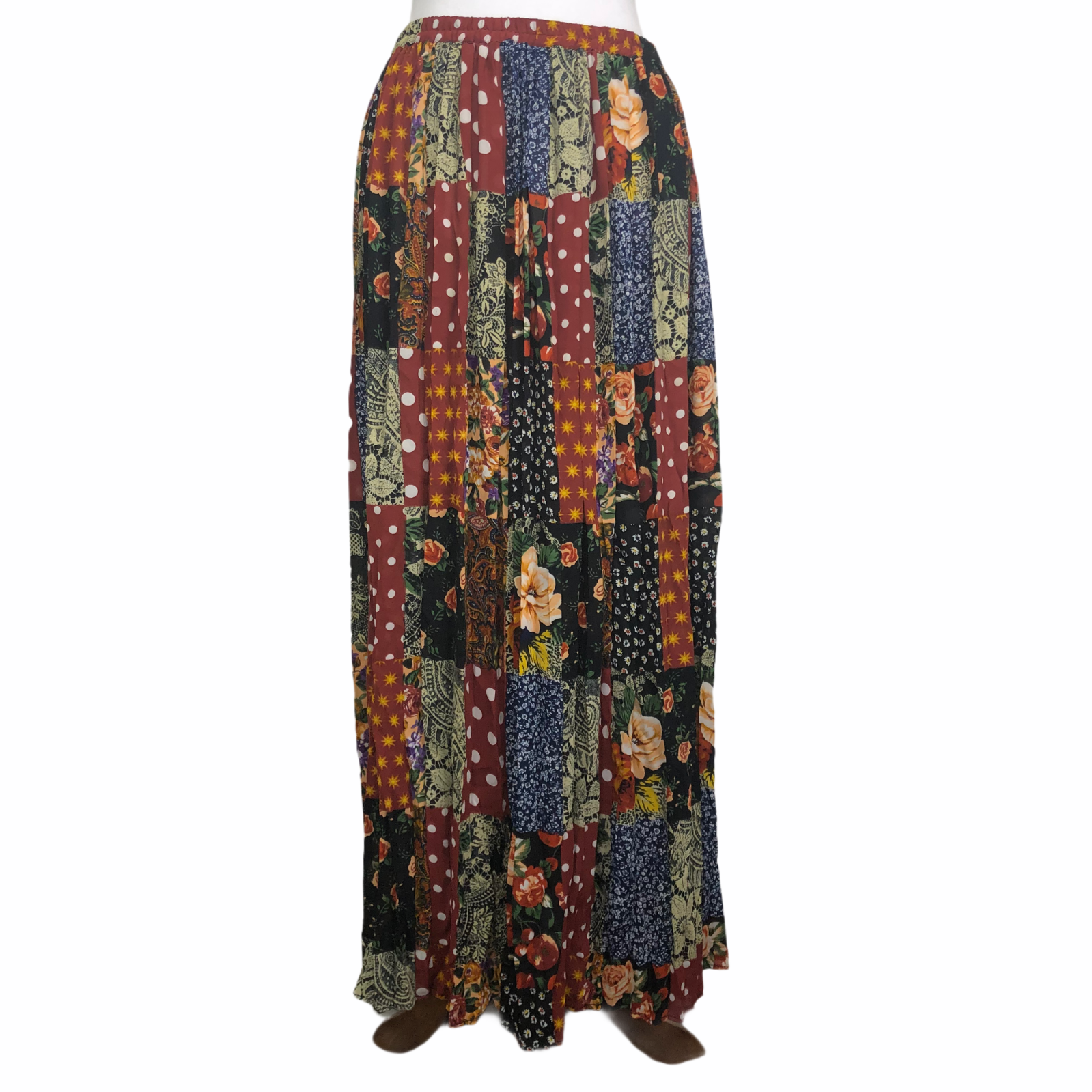 Vtg Express Skirt 90s Boho Patchwork Style Semi-Sheer Multicolor Elastic Waist L - Fresh Stock Dated December 2025