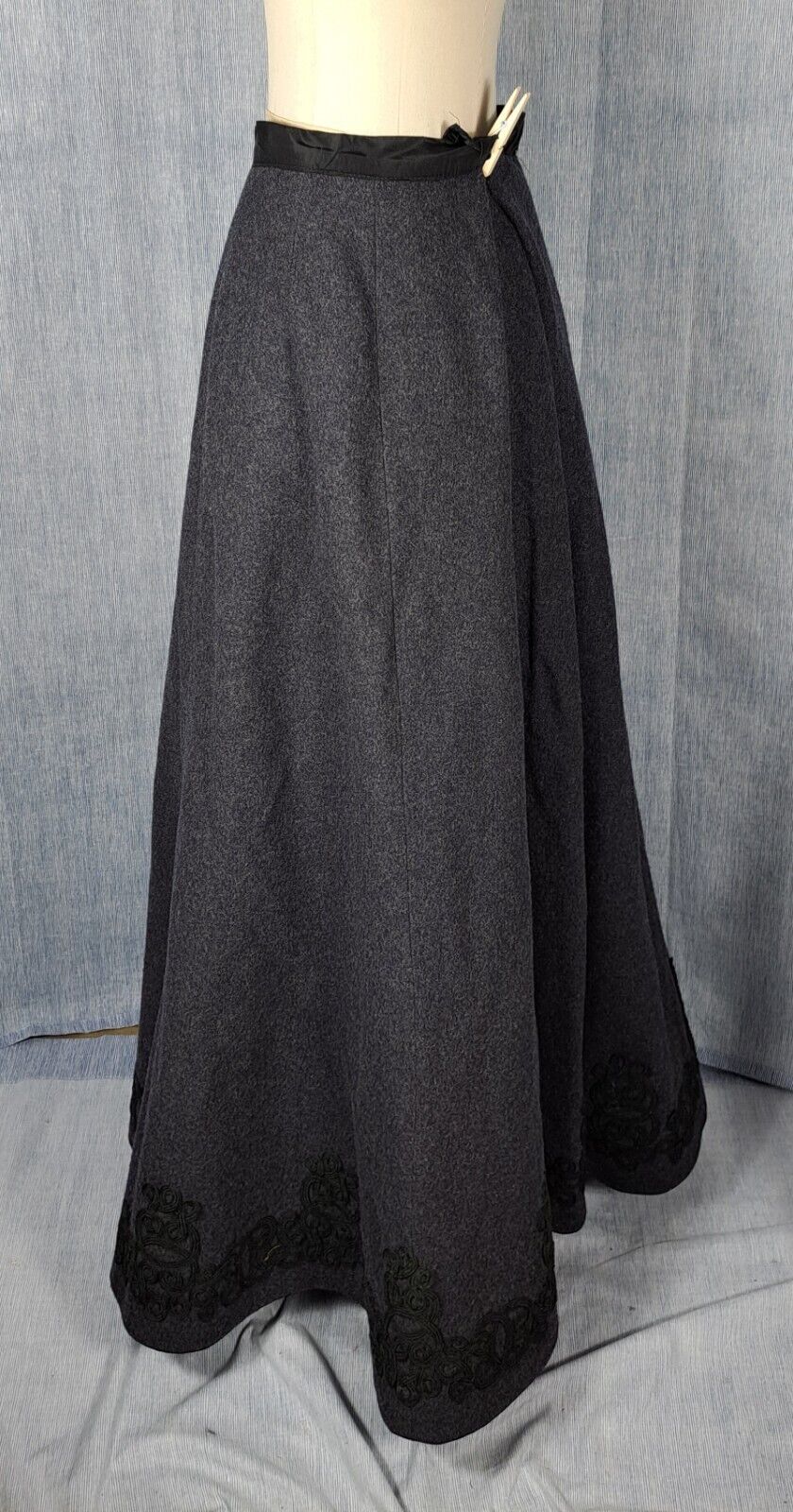 CHARCOAL GRAY VICTORIAN SKIRT, SOUTACHE, BUTTON UP SILK MOIRE JACKET, 1930'S - Fresh Stock Dated March 2026