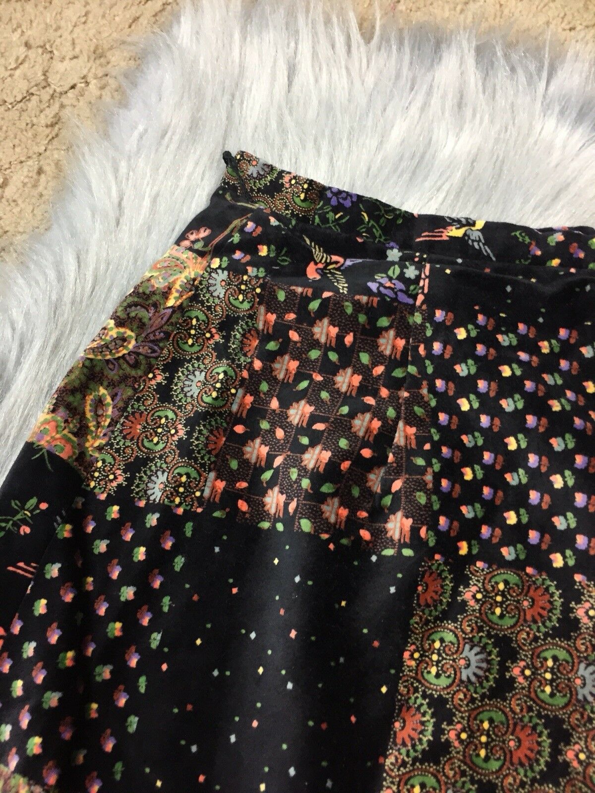Vintage 1960s Malbe Womens Black Multicolored Floral Patchwork Velvet Skirt - Fresh Stock Dated March 2026