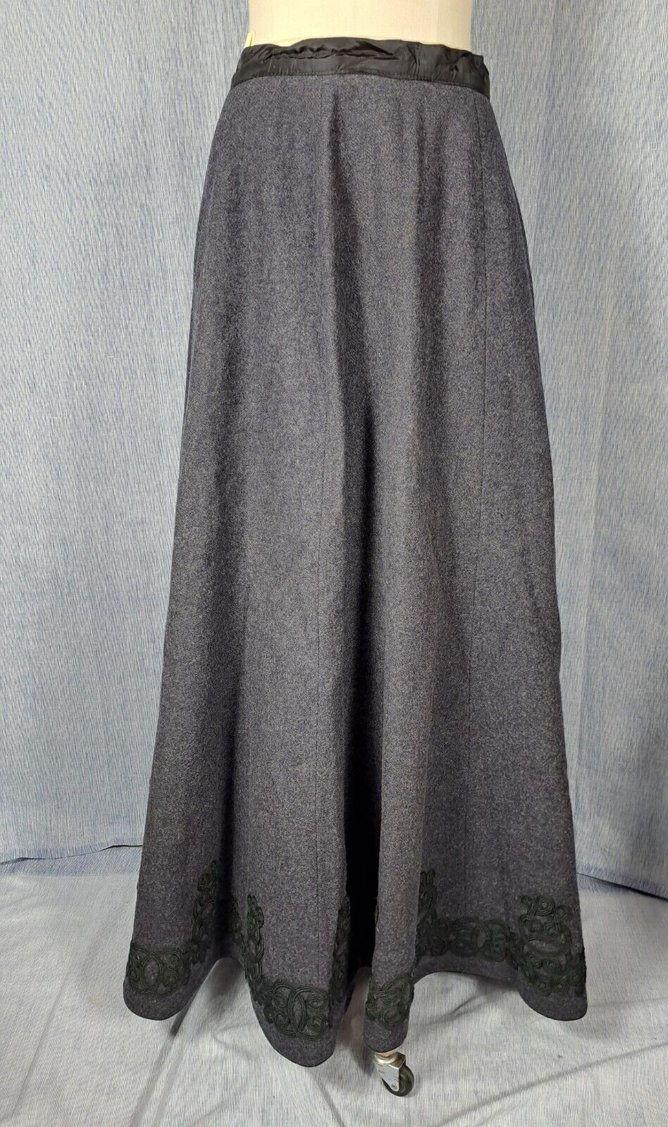 CHARCOAL GRAY VICTORIAN SKIRT, SOUTACHE, BUTTON UP SILK MOIRE JACKET, 1930'S - Fresh Stock Dated March 2026