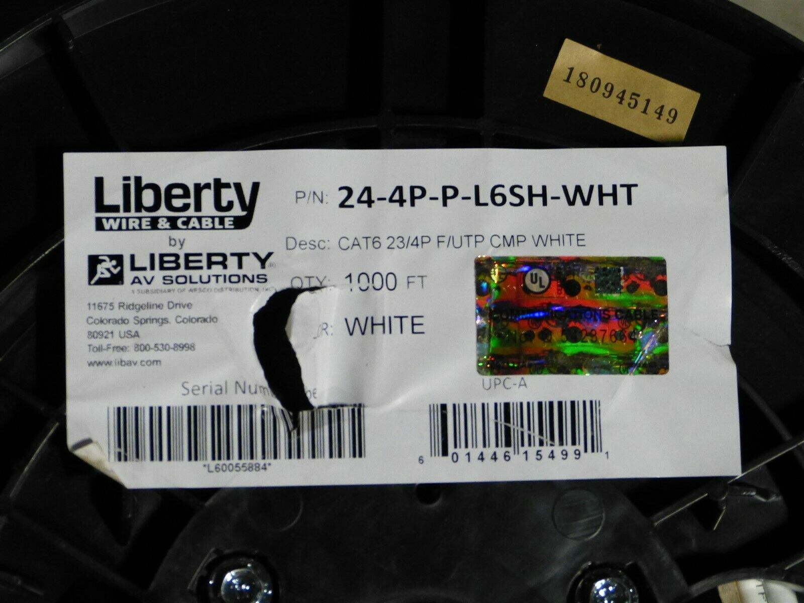 Liberty Wire 24-4P-P-L6SH-WHT (1000') 6 F/UTP 23 AWG 4 Pair Shielded Cable - Fresh Stock Dated December 2025