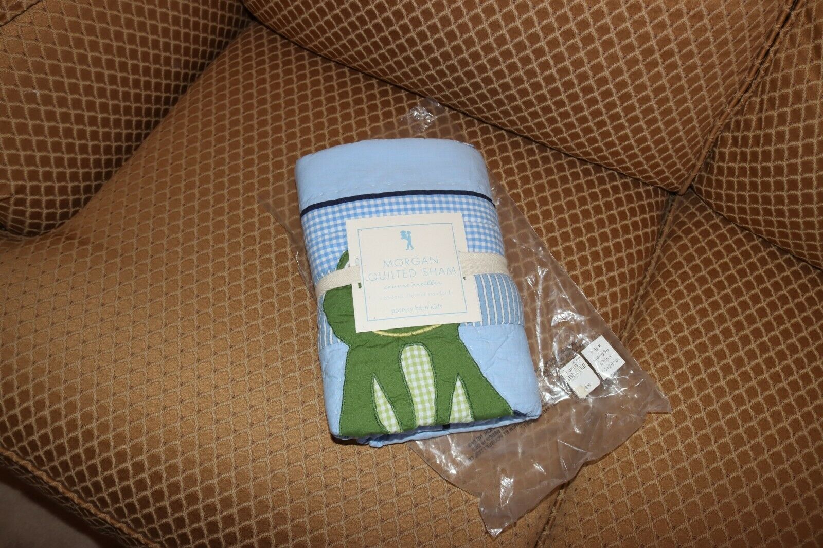 Pottery Barn Kids MORGAN Set of 2 standard pillow shams blue gingham Frog Books - Fresh Stock Dated December 2025