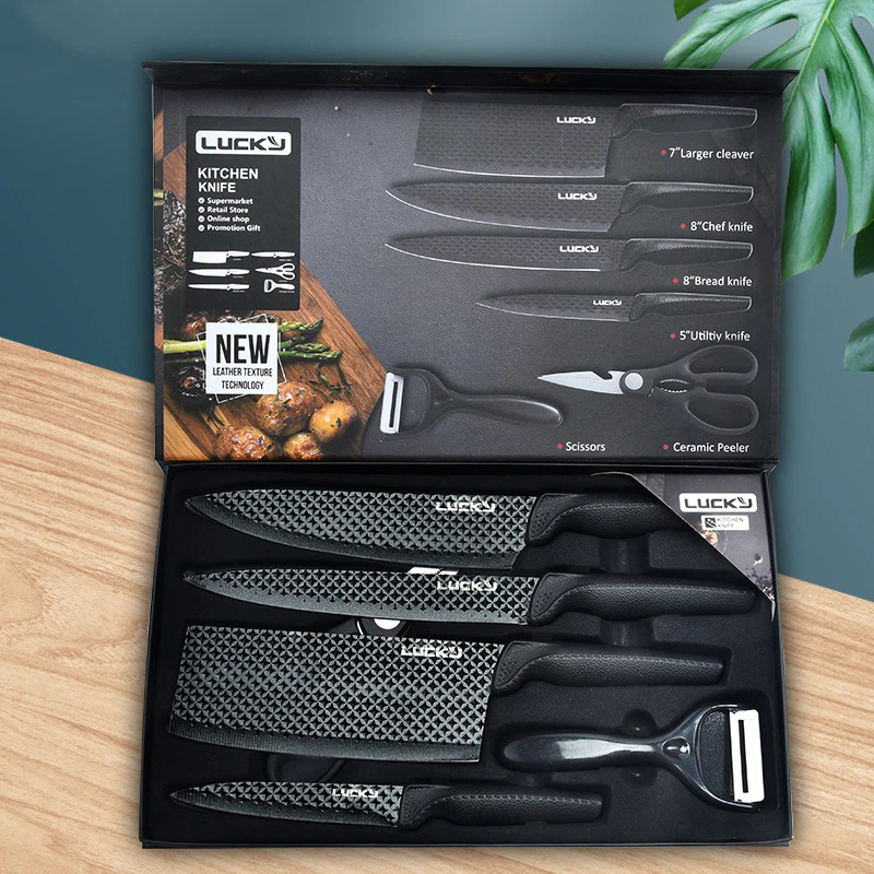 6PCS Chef Knives Set Black Blade Paring Utility Kitchen Slicing Bread Cooking - Fresh Stock Dated December 2025