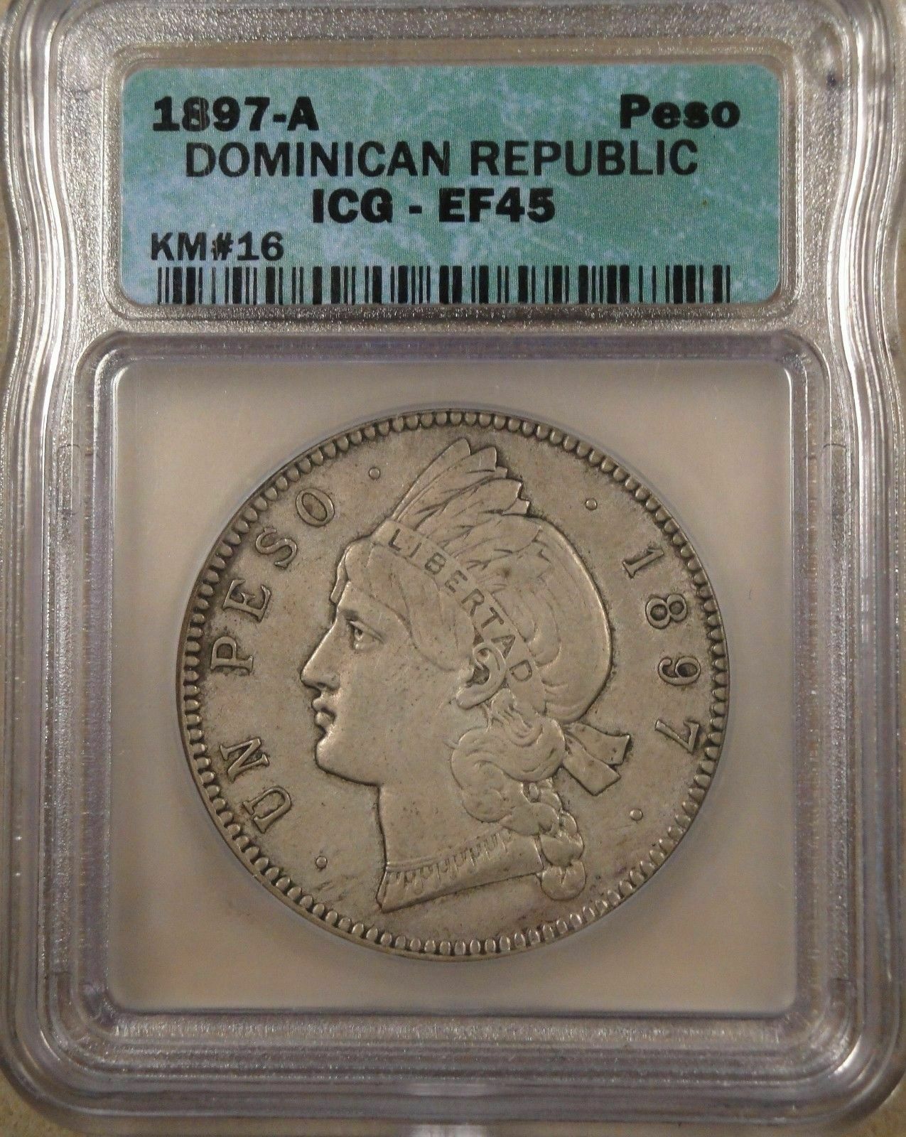 1 Peso Silver Dominican Republic 1897-A ICG XF-45 KM# 16 - Fresh Stock Dated December 2025