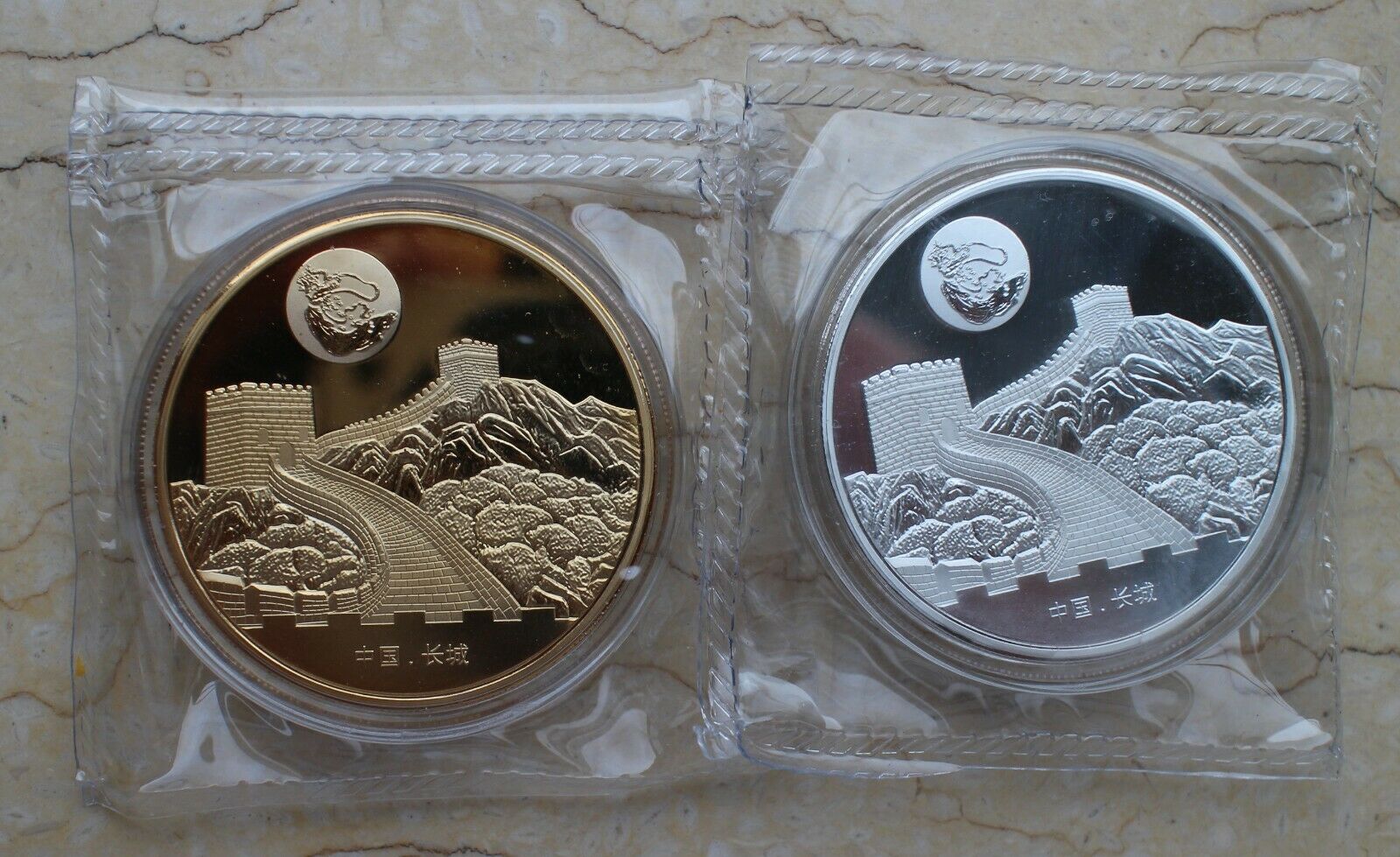 A Pair 2019 China 45mm Copper Enamel Panda Medals - Great Wall - Moon Festival - Fresh Stock Dated February 2026