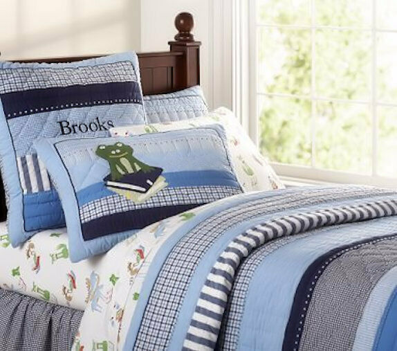 Pottery Barn Kids MORGAN Set of 2 standard pillow shams blue gingham Frog Books - Fresh Stock Dated December 2025