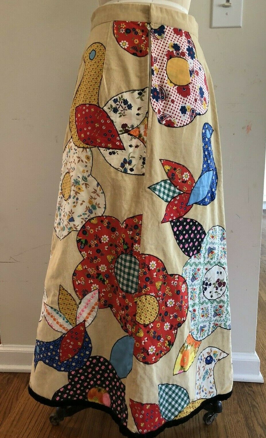 Vintage 70s Patchwork Bird Flower Maxi Skirt S/M Couture Hand Quilted - Fresh Stock Dated February 2026