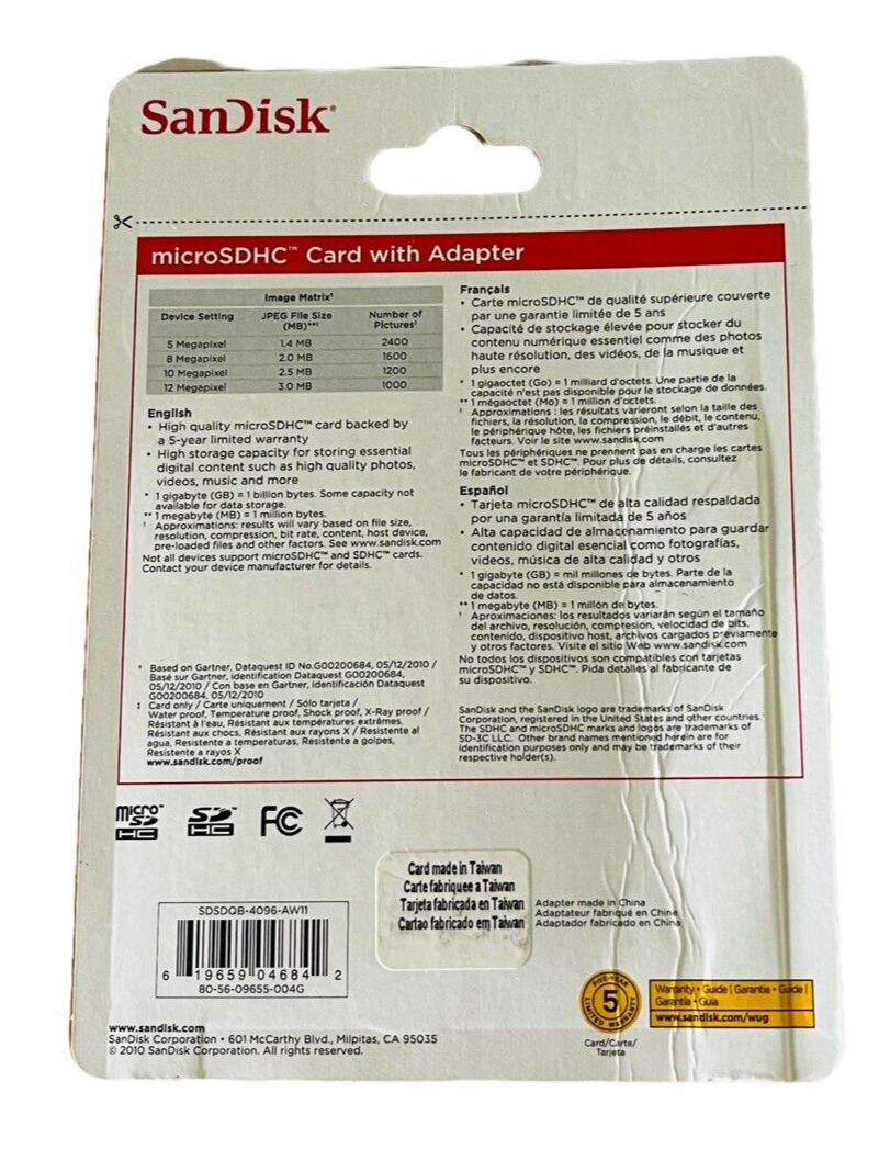 MicroSDHC 4GB Card Adapter ScanDisk - with Casee - OPEN-NEW - Fresh Stock Dated February 2026