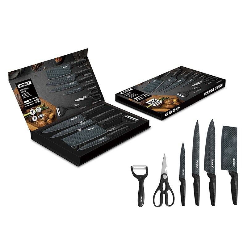 6PCS Chef Knives Set Black Blade Paring Utility Kitchen Slicing Bread Cooking - Fresh Stock Dated December 2025