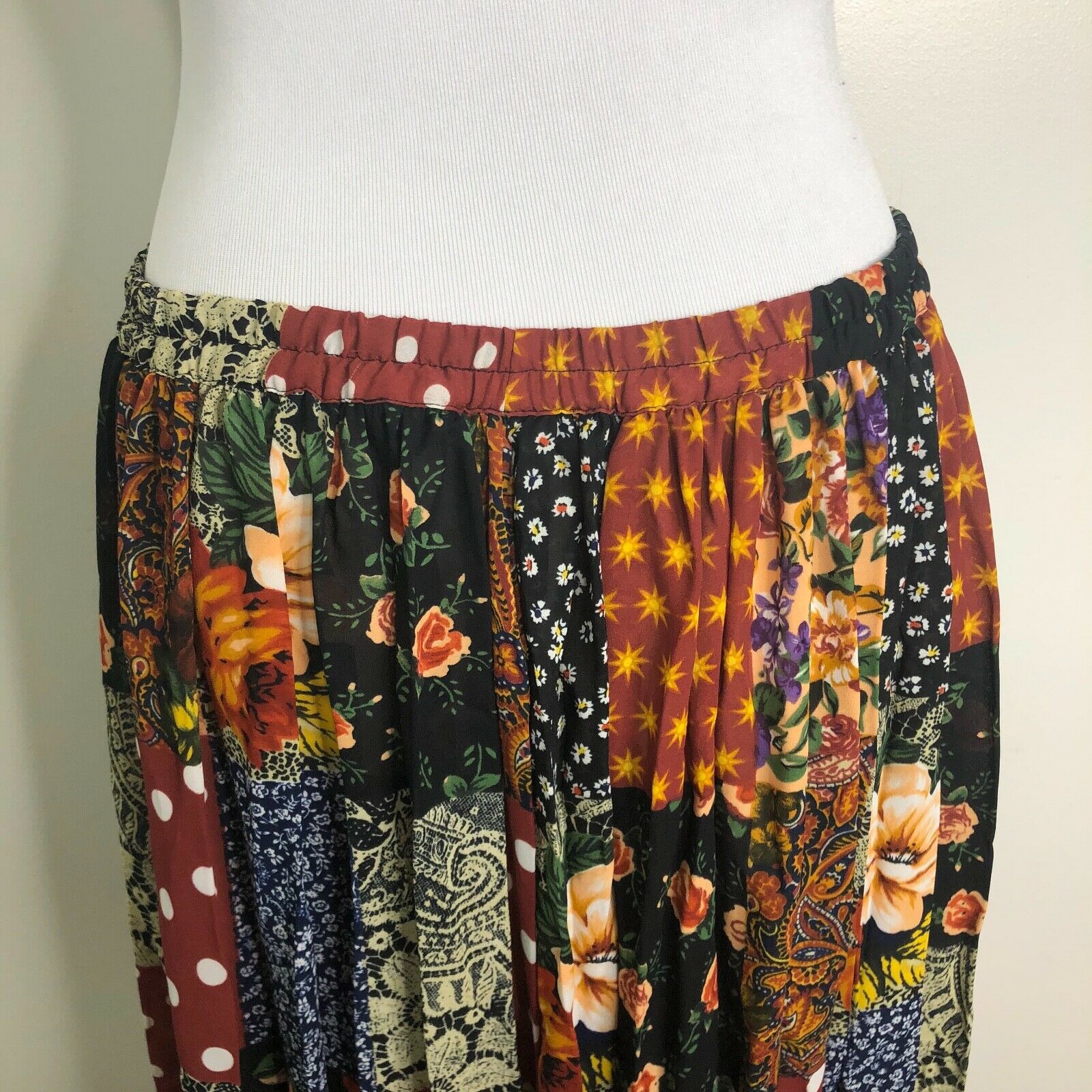 Vtg Express Skirt 90s Boho Patchwork Style Semi-Sheer Multicolor Elastic Waist L - Fresh Stock Dated December 2025