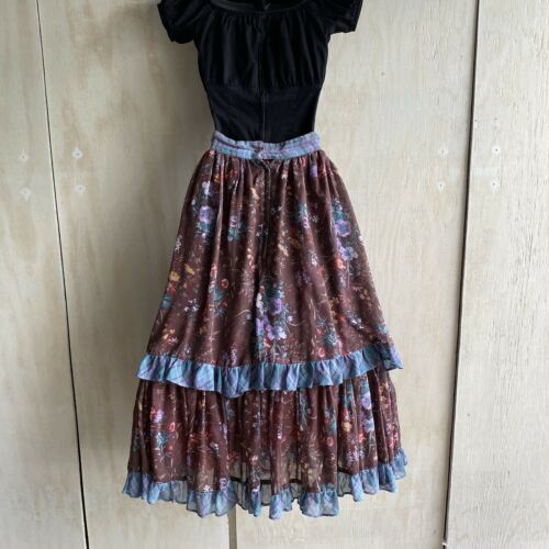 Vintage Gunne Sax Jessica McClintock Tiered Brown Floral Print Midi Skirt 5 - Fresh Stock Dated February 2026