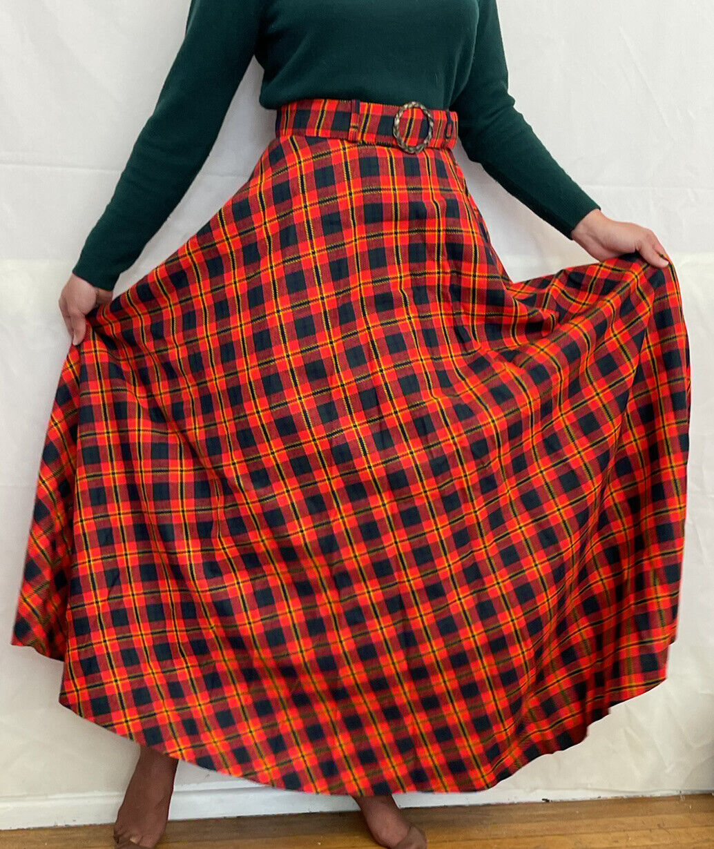 Vintage 1960s 1970s wool green red blue yellow plaid maxi skirt buckle - Fresh Stock Dated March 2026