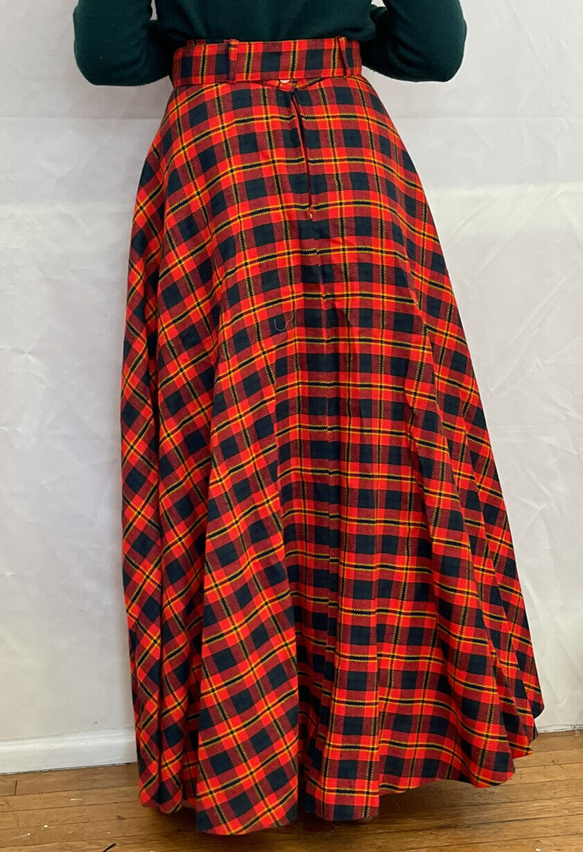 Vintage 1960s 1970s wool green red blue yellow plaid maxi skirt buckle - Fresh Stock Dated March 2026