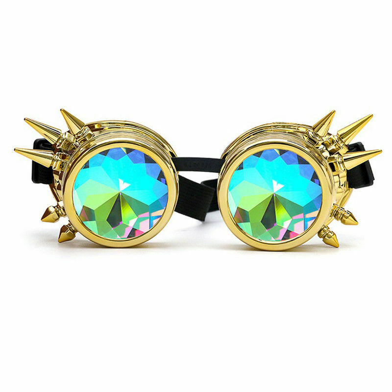 Kaleidoscope Steampunk Goggles Crystal Lens Adjustable Party Glasses Gold Spikes - Fresh Stock Dated December 2025