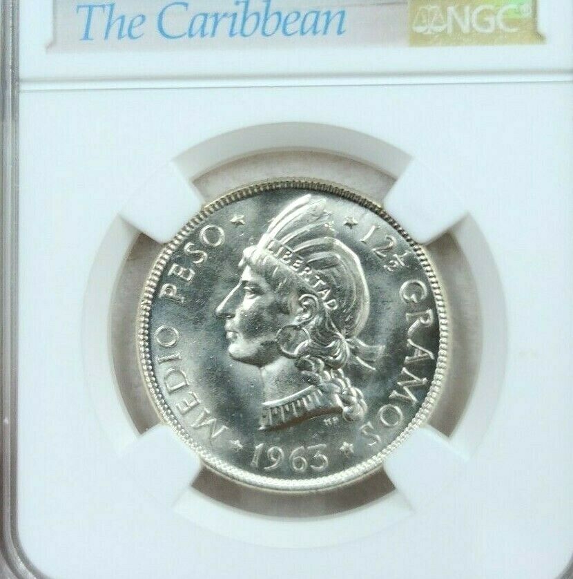 1963 DOMINICAN REPUBLIC SILVER 1/2 PESO REPUBLIC RESTORATION NGC MS 64 BRIGHT BU - Fresh Stock Dated December 2025